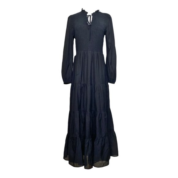 J CREW BLACK SMOCKED V-NECK LONG SLEEVES TIERED MAXI DRESS - 2 - Picture 2 of 11